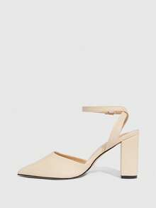 CUCCOO SZL 尖头粗跟露后跟系带百搭优雅性感杏色PU高跟鞋 - 杏色 - 查看 5