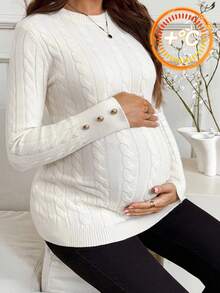 MaterniWear 秋装、秋季服装、孕妇秋冬服装、孕妇休闲圆领长袖麻花毛衣、秋冬白色毛衣、女士长款毛衣、孕妇毛衣、女士麻花针织毛衣、女士白色毛衣、孕妇衬衫、孕妇秋冬服装、女士白色开衫、女士白色针织毛衣 - 白色 - 查看 3