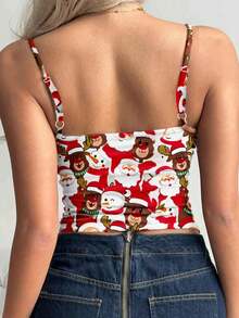 SHEIN EZwear 女士休闲性感雪人驯鹿图案吊带背心，红色，夏季 - 白色 - 查看 2