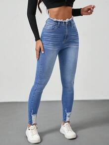 SHEIN Tall 女款休閒修身高彈力藍色牛仔褲 - 淺色水洗藍 - 查看 5