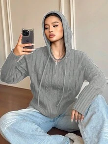 POPSWAY Plus Size Women Cable Pattern Long Sleeve Zip-Up Drawstring Hooded Casual Cardigan, Autumn/Winter - Grey - View 1