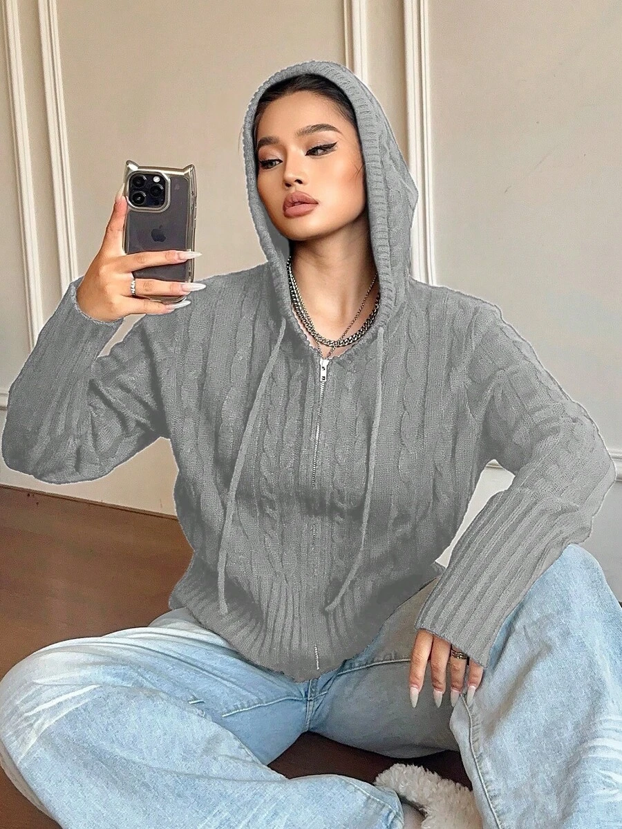POPSWAY Plus Size Women Cable Pattern Long Sleeve Zip-Up Drawstring Hooded Casual Cardigan, Autumn/Winter - Grey - View 1