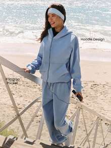 GLOWMODE 厚重羊毛舒适快乐毛绒柔软温暖口袋刺绣超大套头连帽衫运动衫秋冬户外日常休闲装 - 淺藍色 - 查看 5