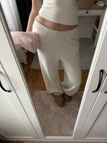 SHEIN EZwear Women Solid Color Casual Comfy Fuzzy Sweater Pants With Pockets In Fall/Winter