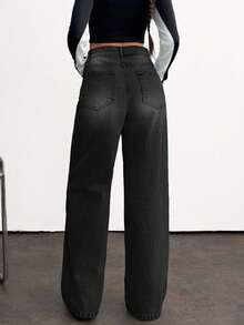 EURMUSE High Waist Baby Blue Wide Leg Denim Jeans - Dark Grey - View 2