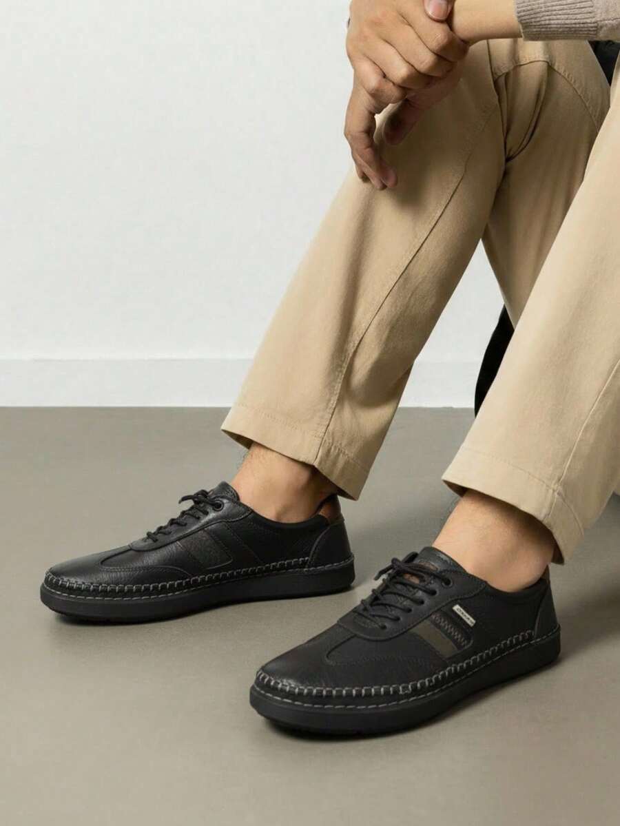 Zapatos de hombre auténtico costura visible punta redonda cordones suela antideslizante estilo casual urbano oficina primavera otoño - Negro - Ver 1