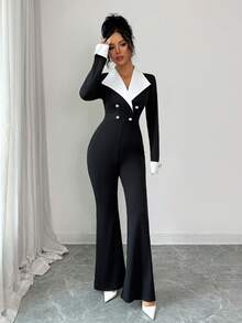 Elenzga Elegant Commuter Colorblock Waist Jumpsuit - Black and White - View 4