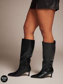 SHUZIA Women's Wide-Calf Fashionable & Comfortable Point Toe Side Zipper Kitten Heel Mid-Calf Boots For Christmas - Black - View 4