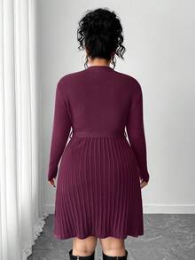 Elenzga Plus Size Solid Color Pleated Belted Fitted Long Sleeve Sweater Dress - Purple - View 2
