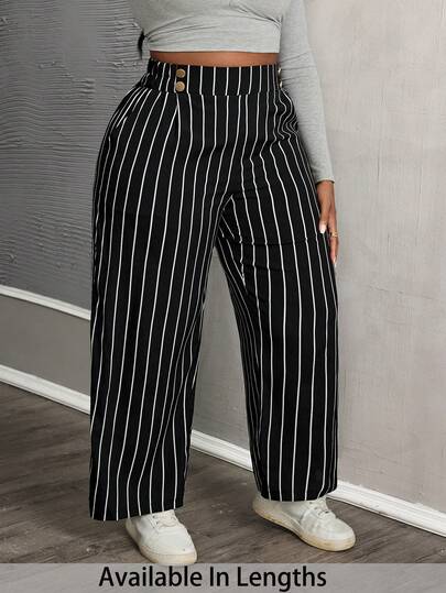 SHEIN PETITE CURVE Plus Size Women's Double Buckle Straight Leg Elegant Commuter Pants,Fall Clothes For Women Stripe Pants High Waist Pants Striped Jeans Women Pants Wide Leg