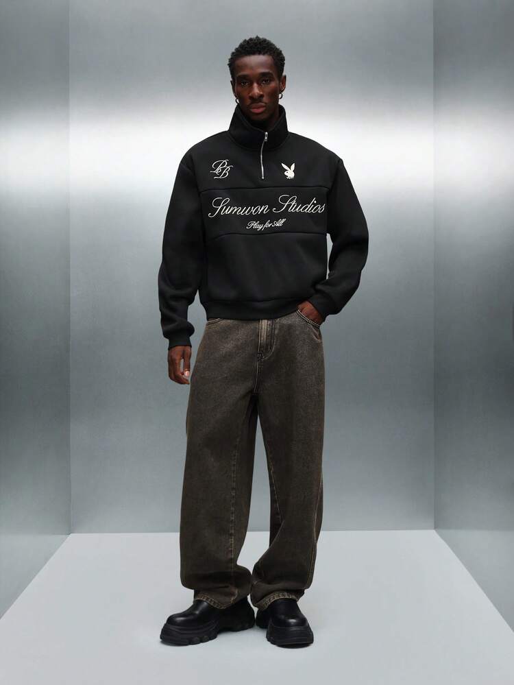 PLAYBOY X SUMWON Half Zip Sweatshirt With Script Embroidery