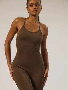 MUSERA ESSENTIALS Strappy Fitted Jumpsuit Catsuit Basic Autumn Winter Casual Going Out Everyday Night Out Sexy Cute Cosy - Coffee Brown - View 6