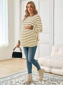 SHEIN 孕妇休闲条纹侧开衩卫衣，秋季长袖上衣 - 棕色 - 查看 7