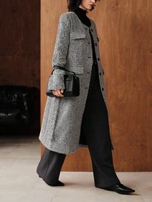 Uhlyne Women's Minimalist Long Overcoat, Suitable For Commuting - Black and White - View 4