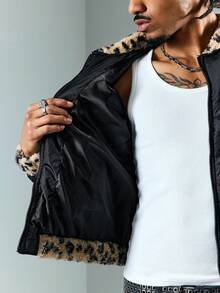ROMWE MEN Street Life Men's Fashionable Warm Zip-Up Spider Leopard Print Patchwork Long Sleeve Padded Coat, Winter - Black - View 9