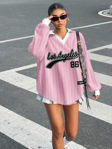 Muchica Women's Casual Contrast Color Polo Collar Long Sleeve Loose T-Shirt, Suitable For Autumn/Winter