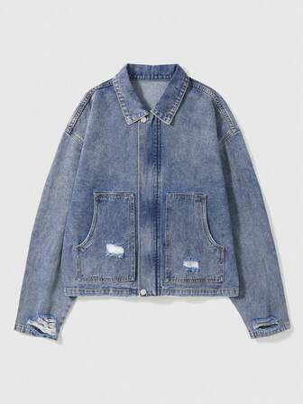 Street Life جاكيت جينز كاجوال فضفاضة مع تصميم ممزق وجيب، بأكمام طويلة للرجال في فصل الخريف