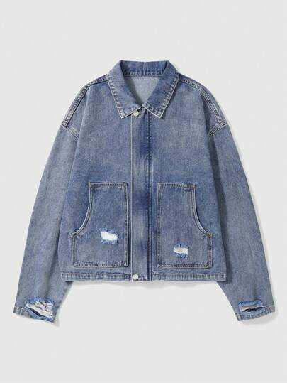 ROMWE MEN Street Life Herr höstlångärmad ficka med sliten design, avslappnad lös jeansjacka