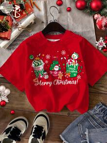 Cute & Fun Cartoon Christmas Reindeer, Gingerbread Man, Snowman Drink Cup, Mini Christmas Snowflake Pattern, Tween Girls Casual Minimalist Short Sleeve Round Neck T-Shirt, Suitable For Summer Kids Red Graphic Tees Christmas Red Graphic Tees Red Tops For Teen Girls Kids Clothes Girls Red - Multicolor - View 2