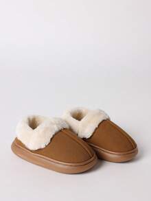 SUMWON Kids Slip On Closed Round Toe Fuzzy Sherpa Lined Winter House Slippers With Platform Sole - Brown - View 1