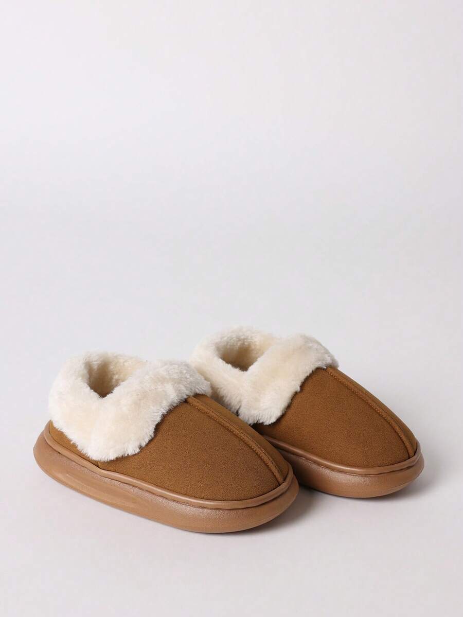 SUMWON Kids Slip On Closed Round Toe Fuzzy Sherpa Lined Winter House Slippers With Platform Sole - Brown - View 1