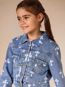 SUMWON Cropped Denim Jacket With Cross Print Pattern Button Front Closure For Spring Fall Casual Outerwear - Dark Wash - View 4