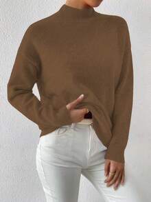 LanaWest Casual Solid Color Stand Collar Sweater, Autumn/Winter - Chocolate Brown - View 6