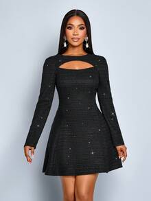 SOLERSUN Women's Black Autumn Elegant Slim Hollowed-Out Collar A-Line Dress,Perfect For Dinner Date,Party And Winter Daily Wear Fall - Black - View 4