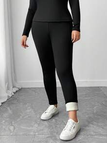 Elenzga 2 件套舒适黑色加大码长袖上衣和裤子家居服套装，秋冬 - 黑色 - 查看 3