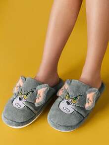 TOM & JERRY X SHEIN Dép đi trong nhà chống trượt họa tiết hoạt hình thêu 3D thời trang cho bé gái, chất liệu vải nhung mềm mại, ấm áp, đế bền, phòng ngủ, phòng máy lạnh, mùa xuân thu, dành cho cả nam và nữ, cặp đôi, mèo - Xám - Xem 10