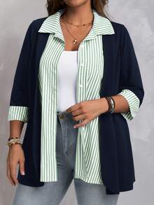 EMERY ROSE Chaqueta casual de talla grande para mujer con parches y rayas, de manga 3/4 y abotonadura sencilla - Verde - Ver 3