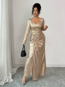Rafferiza 女式优雅派对性感深V领天鹅绒金属装饰修身高开衩连衣裙 - 香檳色 - 查看 3