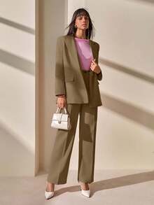 Blazer With Single Button Closure And Flap Pockets, Paired With Matching High-Waist Trousers, Elegant Two Pieces Suit Set - Mocha Brown - View 5