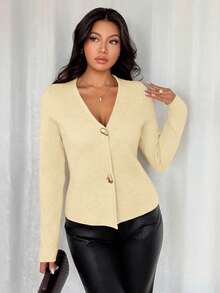 Rafferiza Women's Slim Fit Khaki Minimalist Daily Commute V-Neck Long Sleeve Asymmetrical Metal Button Cardigan - Light Yellow - View 3