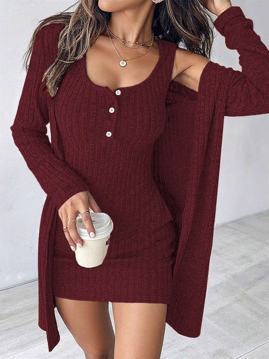 SHEIN 女士性感两件套蓝色连衣裙,秋冬 - 酒紅色 - 查看 1
