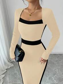 Elenzga 方领拼色紧身性感女式连衣裙超长女士服装 - 卡其色 - 查看 7