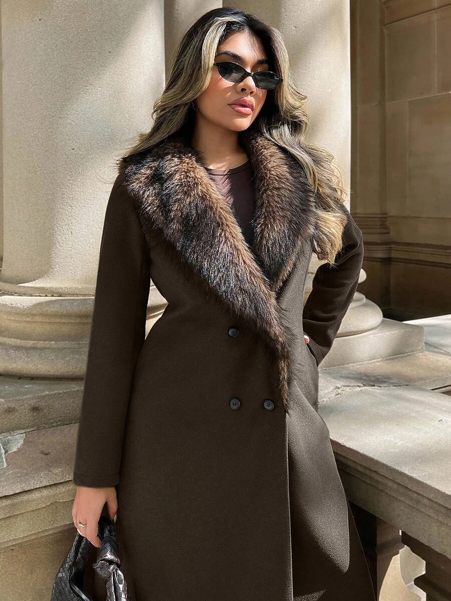 Xyvia 标准尺寸女式长款翻领大衣，仿毛领，双排扣，A 字型，秋冬款 - 棕色 - 查看 1