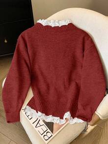 Franclia Cardigan lavorato a maglia con lacci, stile loose, ispirato alle fashion blogger, stile europeo chic - Rosso - Visualizzare 2