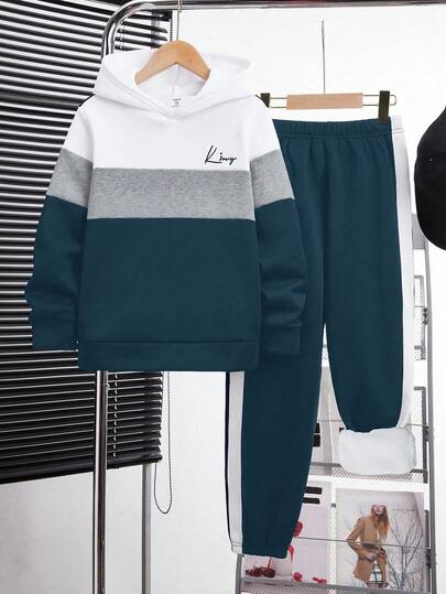 青少年男孩休闲宽松舒适大号字母扎染渐变街头风 Y2K 风格宽松长袖连帽衫套装，适合秋冬季