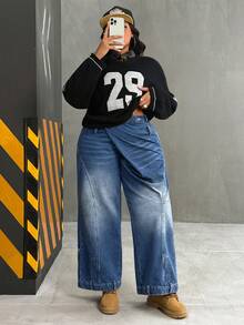 Slaydiva Jeans casuales holgados de pierna ancha con cintura asimétrica para mujer de talla grande