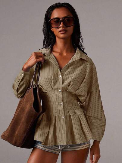 Athîral Women's Striped Waist Cinched Long Sleeve Dropped Shoulder Pleated Blouse