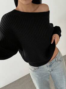 FavEase Fashionable & Versatile Women's Solid Color Oblique Shoulder Long Sleeve Loose Sexy Knit Top