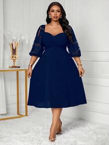 SHEIN Lady CURVE Váy dài tay màu trơn cỡ lớn, tối giản và thời trang, phù hợp cho mùa hè Váy lễ Phục sinh cho nữ Váy tốt nghiệp Váy dự tiệc cưới cho nữ Váy dự tiệc cưới cho nữ Váy công sở thường ngày cho nữ - Màu xanh hải quân - Xem 4