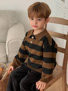 Hapijoa Sweter polo dla chłopców w paski z blokami kolorów i długim rękawem - Brązowy - Zobacz 1