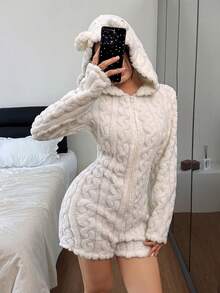 SHEIN Cozy Animal Hooded Cat Whisker Embroidery Plush Fluffy Winter Pajamas Jumpsuit - White - View 6