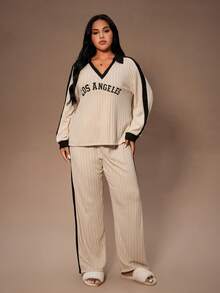 Lazeform Große Größen Amerikanischer Lässig Strukturierter Stoff Buchstaben-Muster V-Ausschnitt Langarm Pyjama Set für Damen, Herbst & Winter Kleidung - Aprikosenfarben - Übersicht 4