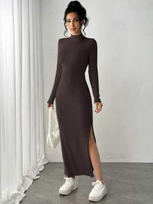 Siren Gaze 女士长款侧开衩高领长袖连衣裙，女士连衣裙罗纹连衣裙长款连衣裙冬季长款毛衣连衣裙长款紧身连衣裙开衩连衣裙 - 咖啡棕 - 查看 3