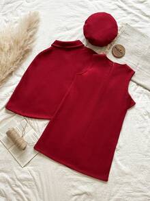 Vintaside Kids Girls' Autumn/Winter Lapel Fashionable Versatile Shawl Paired With Round Neck Sleeveless Stylish Dress Set, Suitable For Attending Friend Gatherings, Parties, Birthday Parties, School Performances