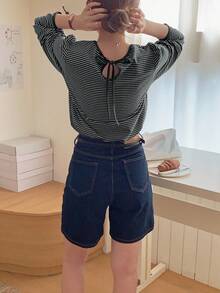 DAZY 女式圆领后系带条纹休闲长袖 T 恤 - 黑與白 - 查看 5