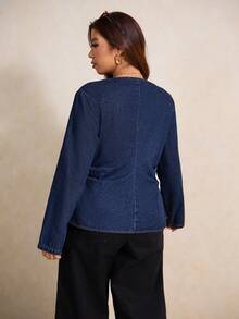 Elaquor Plus Size Solid V-Neck Button Front Casual Versatile Long Sleeve Denim Shirt